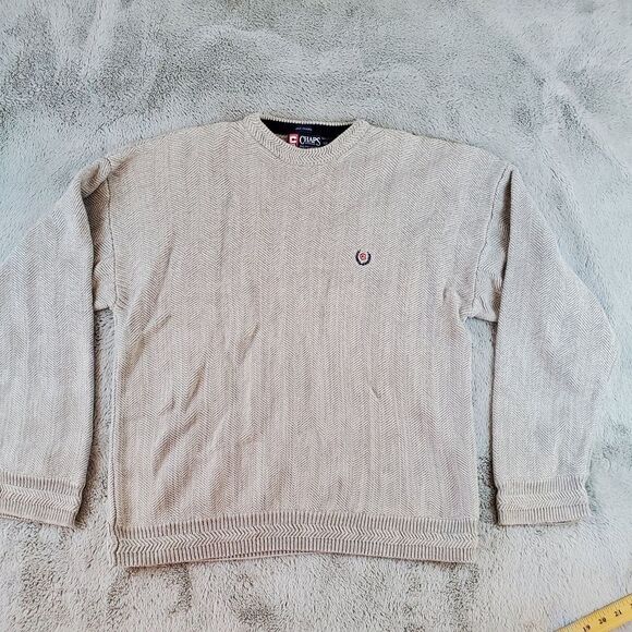 Chaps Ralph Lauren Sweater Mens Sz 2XL Beige Hand Framed Herringbone Long Sleeve - Picture 1 of 10